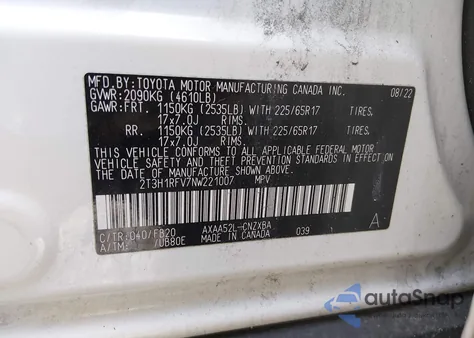 2022 Toyota Rav4 Le z USA, uszkodzony, nr VIN 2T3H1RFV7NW221007